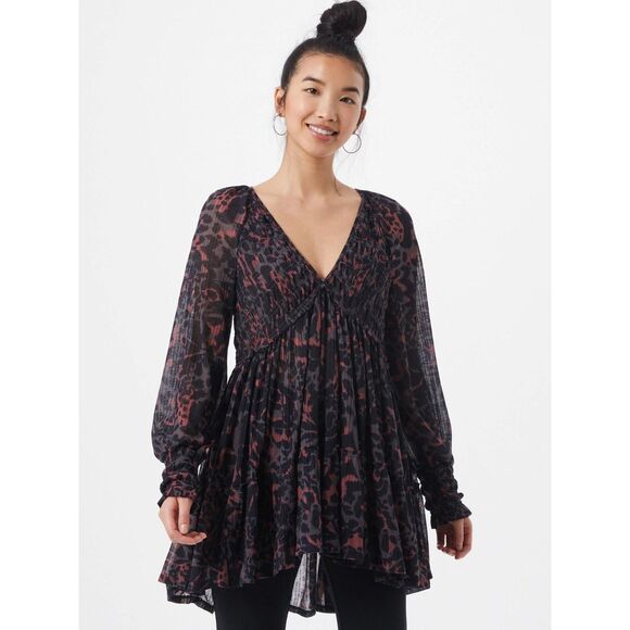 Free People Dark Romance Babydoll Tunic in Dark Combo, Sz XS, Boho Leopard Print - Picture 1 of 11